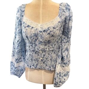American Eagle Blue Floral Boho Smocked Waist Lace Trim Blouse  Med